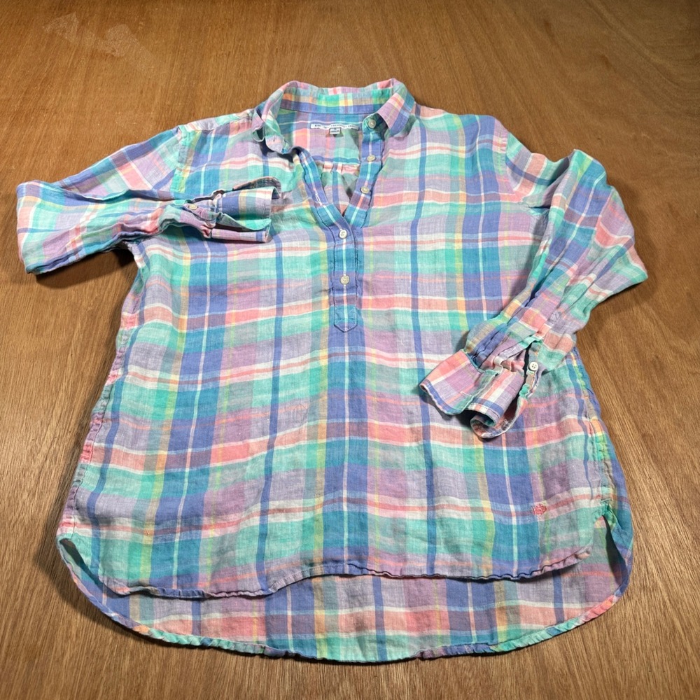 Southern Tide Popover Shirt Women Small Multicolor Plaid Pastel Preppy Top
